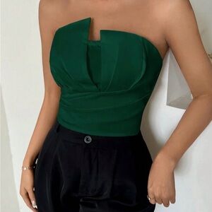L - Asymmetrical Ruched Bandeau Bodysuit in Dark Green